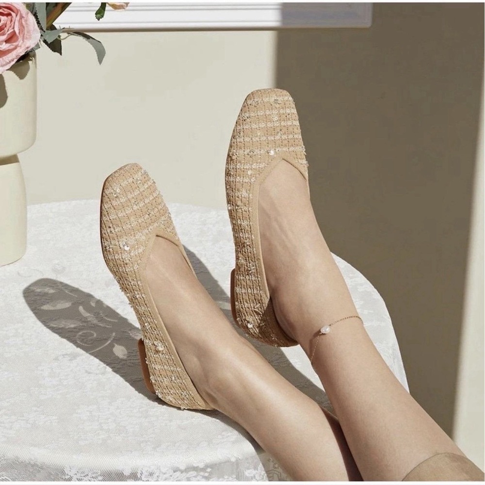 VIVAIA Margot 2.0 Square Toe V-Cut Knit Flats Beige Floral EU 39 US 8 NIB - Picture 2 of 14